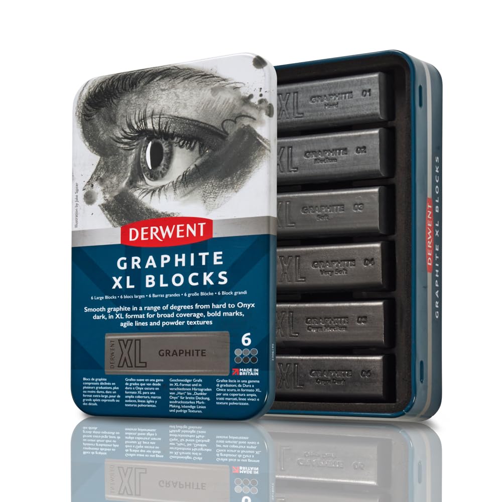 Derwent Graphite XL Blocks 6 Tin, Set of 6, 60mm Extra-Large Block, Water-soluble, Ideal for Sketching, Drawing and Expressive Mark Making, Professional Quality, 2306195