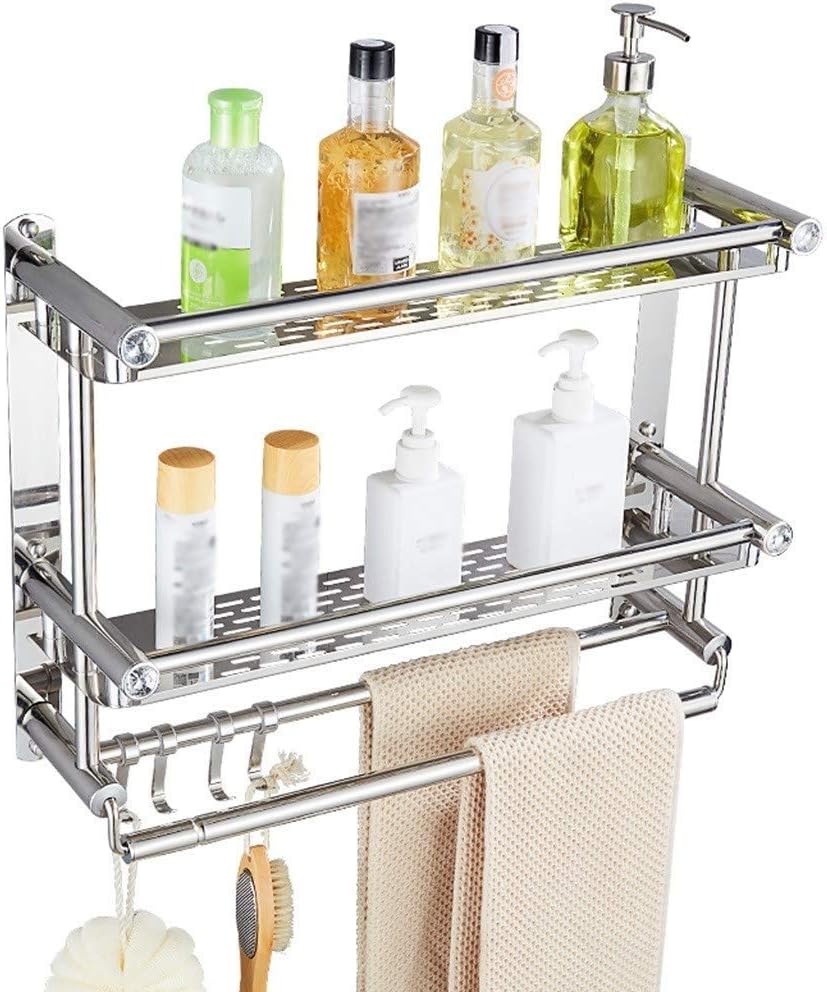 XBSLJ Double Bathroom Shelf, Stainless Steel Wallmounted Shower Room
