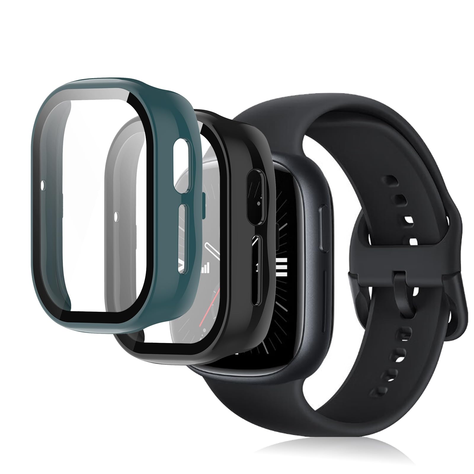 [2Pack] Case for Honor Watch 4 Tempered Glass Screen Protector，PC Hard Case Tempered Glass Screen Protection Cover Slim Full Cover Scratch Proof Protector，Black+Green