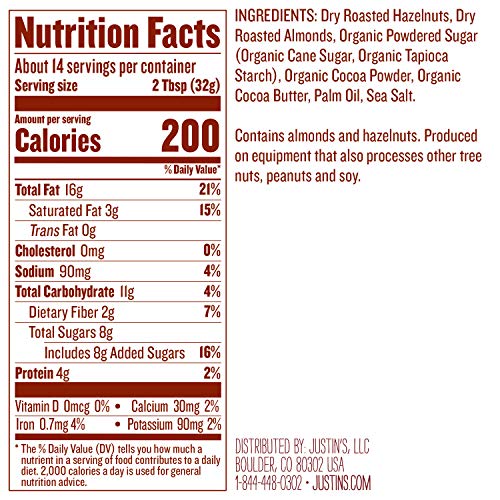 Justin's Chocolate Hazelnut and Almond Butter, Organic Cocoa, No Stir, Gluten-free, Responsibly Sourced, Packaging May Vary, 6 Jars, 16oz each