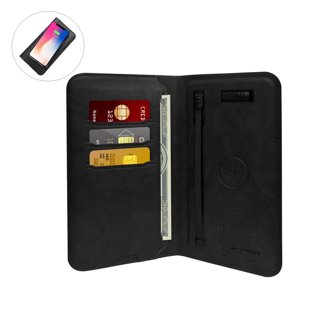 Portable Charger Wallet,Smart qi Wireless Power Bank 6800mAh Leather