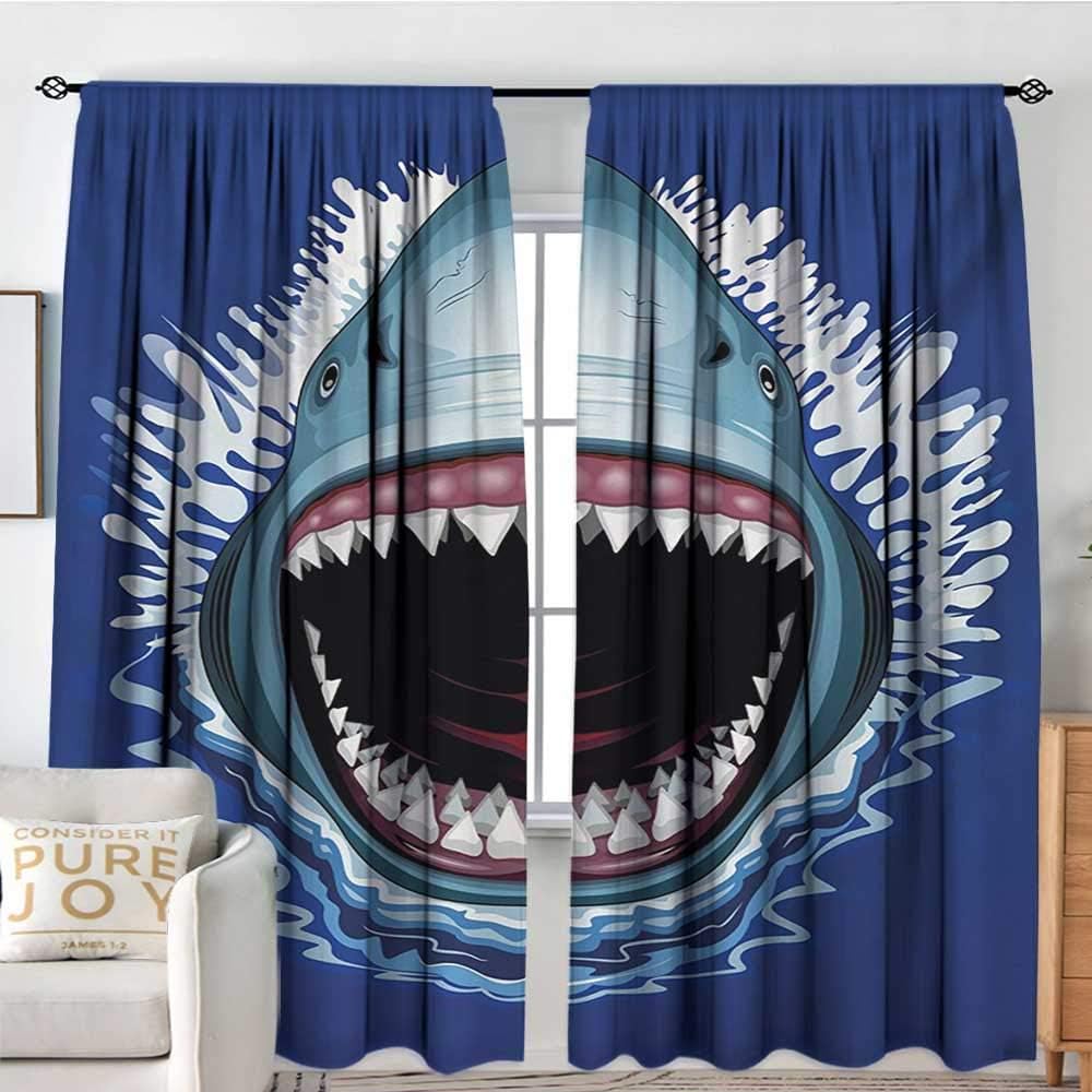 NUOMANAN Window Blackout Curtains Shark,Attack of Open Mouth Sharp Teeth Sea Danger Wildlife Ocean Life Cartoon,Navy Blue Grey Fuchsia,Rod Pocket Curtain Panels for Bedroom & Kitchen 72"x96"