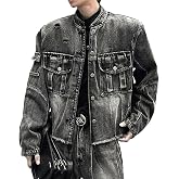 DYYLZYJ Denim Jacket Men Oversized Button Down Cargo Ripped Distressed Loose Jean Jackets