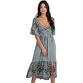 Angie Women's Floral Midi Dress, V-Neck, Flare Sleeves, Tiered Ruffle Hem with Slit, Blue