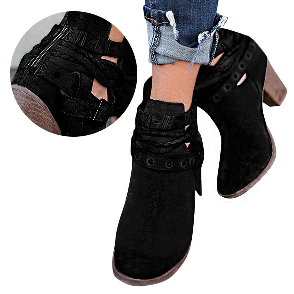 Poplover Women\'s Faux Suede Back Zipper Ankle Boots Mid Block Heels Shoes Black 4.5 UK