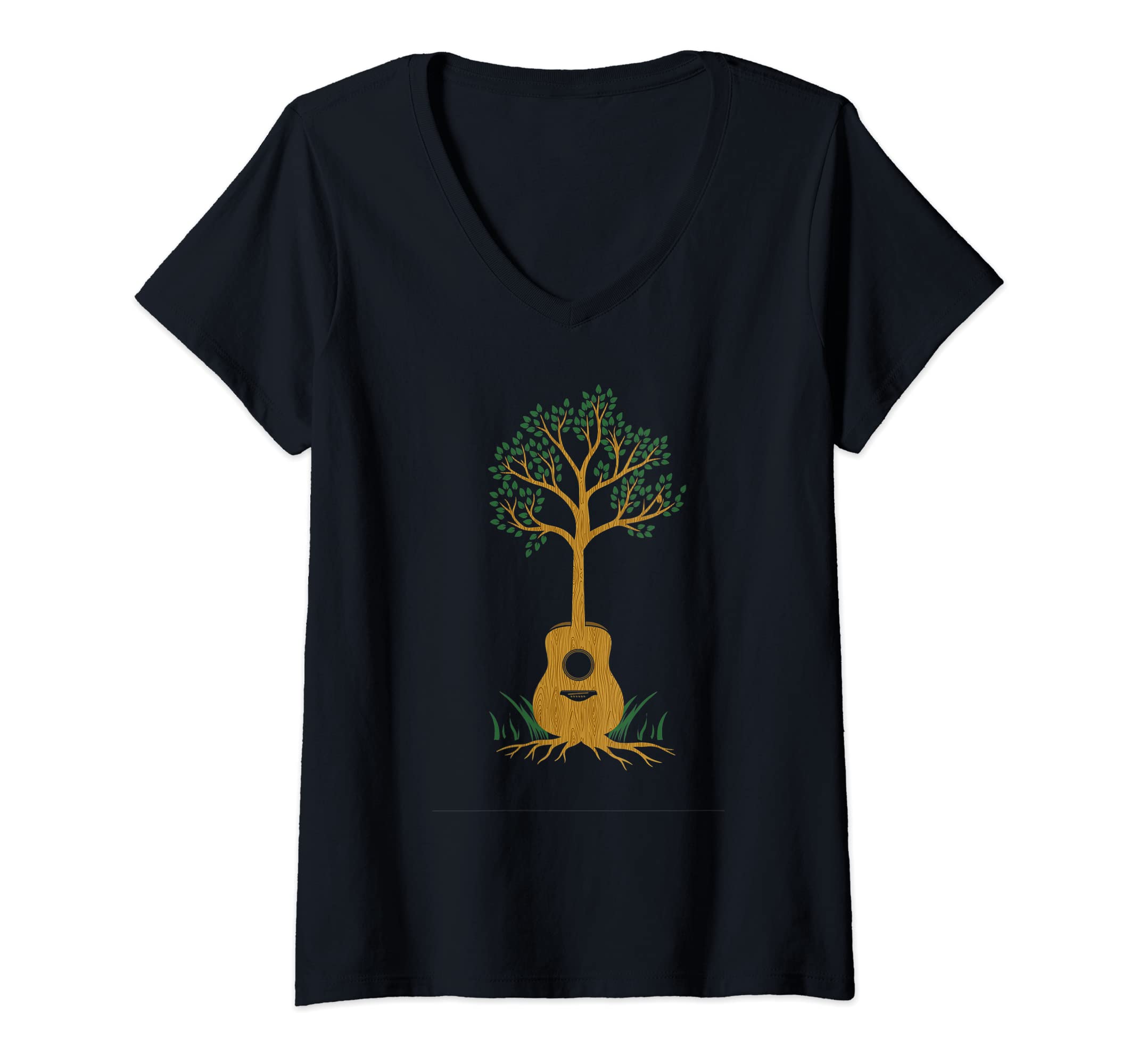 Womens Acoustic Guitar Tree Musician Guitarist - Acoustic Guitar V-Neck T-Shirt