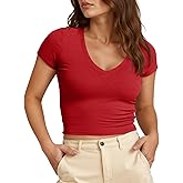 Tankaneo Womens Crop Tops Ribbed V Neck Short Sleeve Summer Basic Tees Slim Fit Y2k Shirts