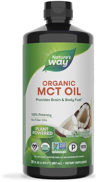 NATURE’S WAY ORGANIC MCT OIL, 30 FL OZ, BRAIN AND BODY FUEL FROM COCONUTS*, C8 CAPRYLIC ACID AND C10 CAPRIC ACID, KETO AND PALEO CERTIFIED, ORGANIC, NON-GMO PROJECT VERIFIED (PACKAGING MAY VARY)