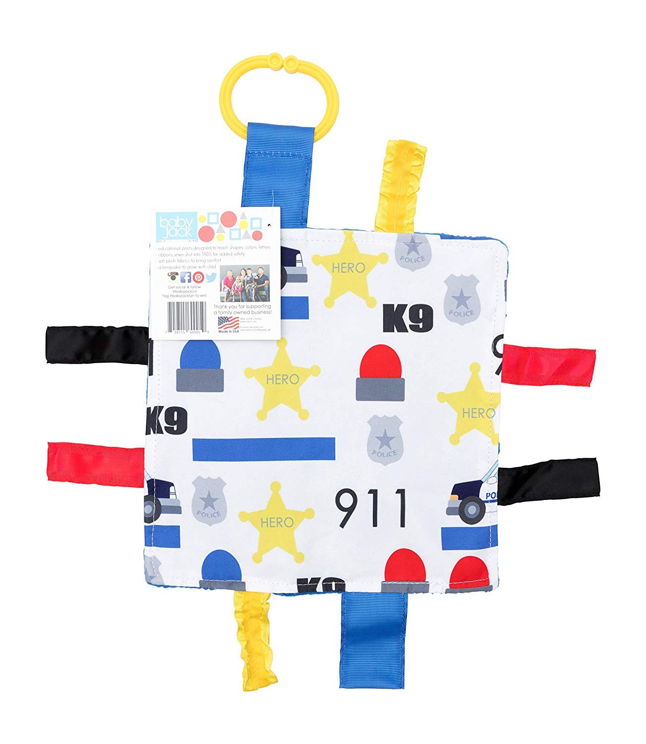 Baby Sensory Crinkle & Teething Square Lovey Toy with Closed Ribbon Tags for Increased Stimulation: 8"X8"(Police)