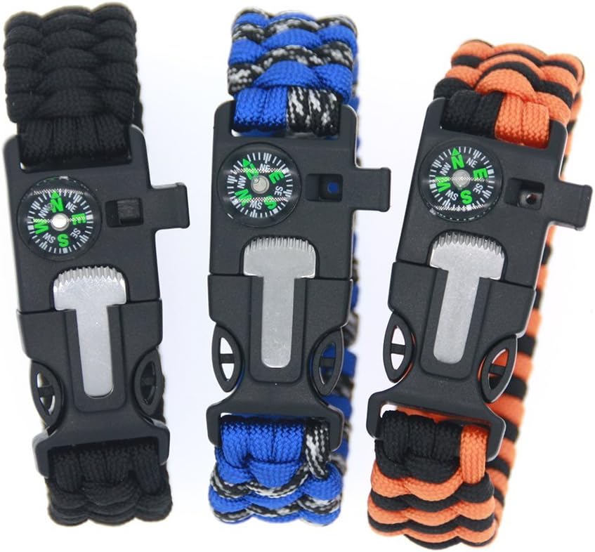 3 Bears Outdoor Survival Paracord Bracelet with Compass Fire Starter and Emergency Whistle(Pack of 3)