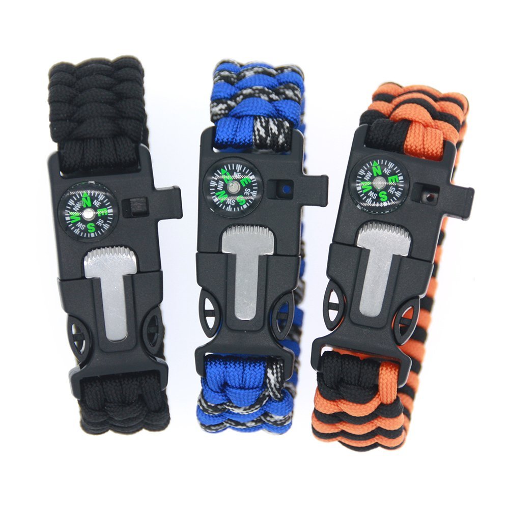 3 Bears Outdoor Survival Paracord Bracelet with Compass Fire Starter and Emergency Whistle(Pack of 3)