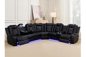 Toseslo Living Room Furniture Sets, Power Reclining Sofa Set, Black Leather 2 Recliner Sectional with LED Light, Modern Power Recliner Sofa Sets with Cup Holder/Storage Console for Living Room