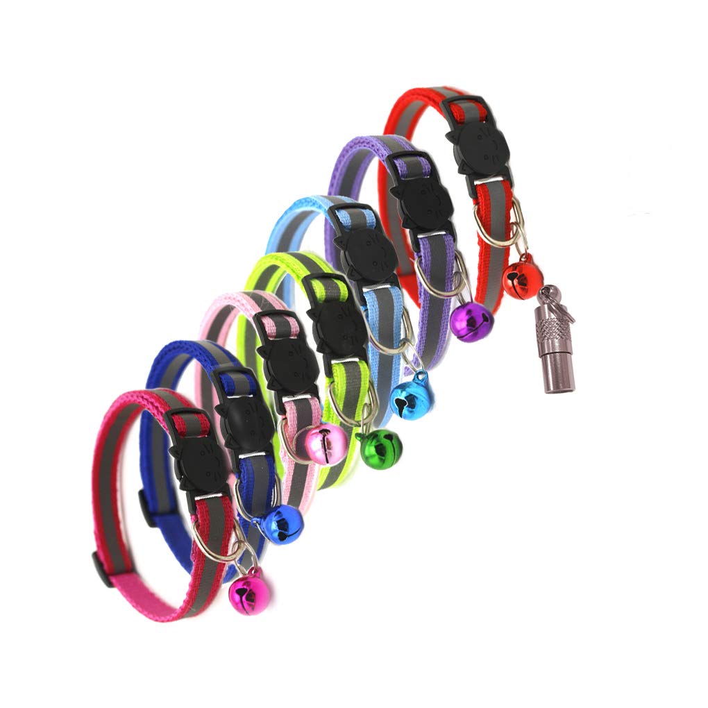 Cat Collars Quick Release 7 Pack with Cute Bells, ID Tag and Reflective Strip,Adjustable Pet Collar for Cat,Safety Buckle Nylon Collar Multicolor