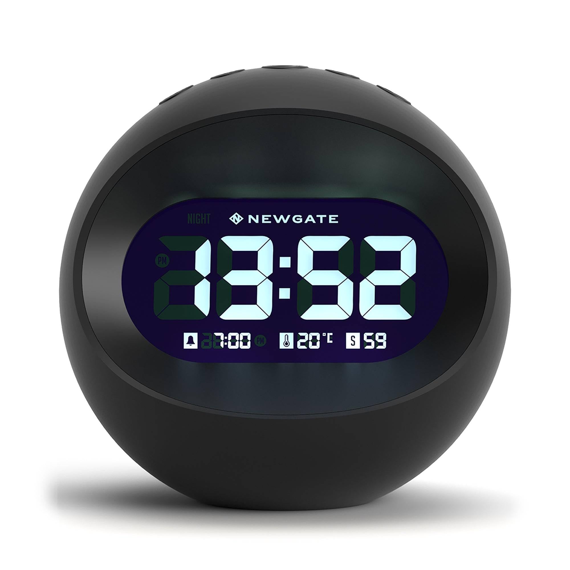 NEWGATE® Centre of the Earth alarm clock | Round retro digital LCD clock | Black | Ideal for bedside, desk or shelf | Retro bedroom & office accessory — image 1