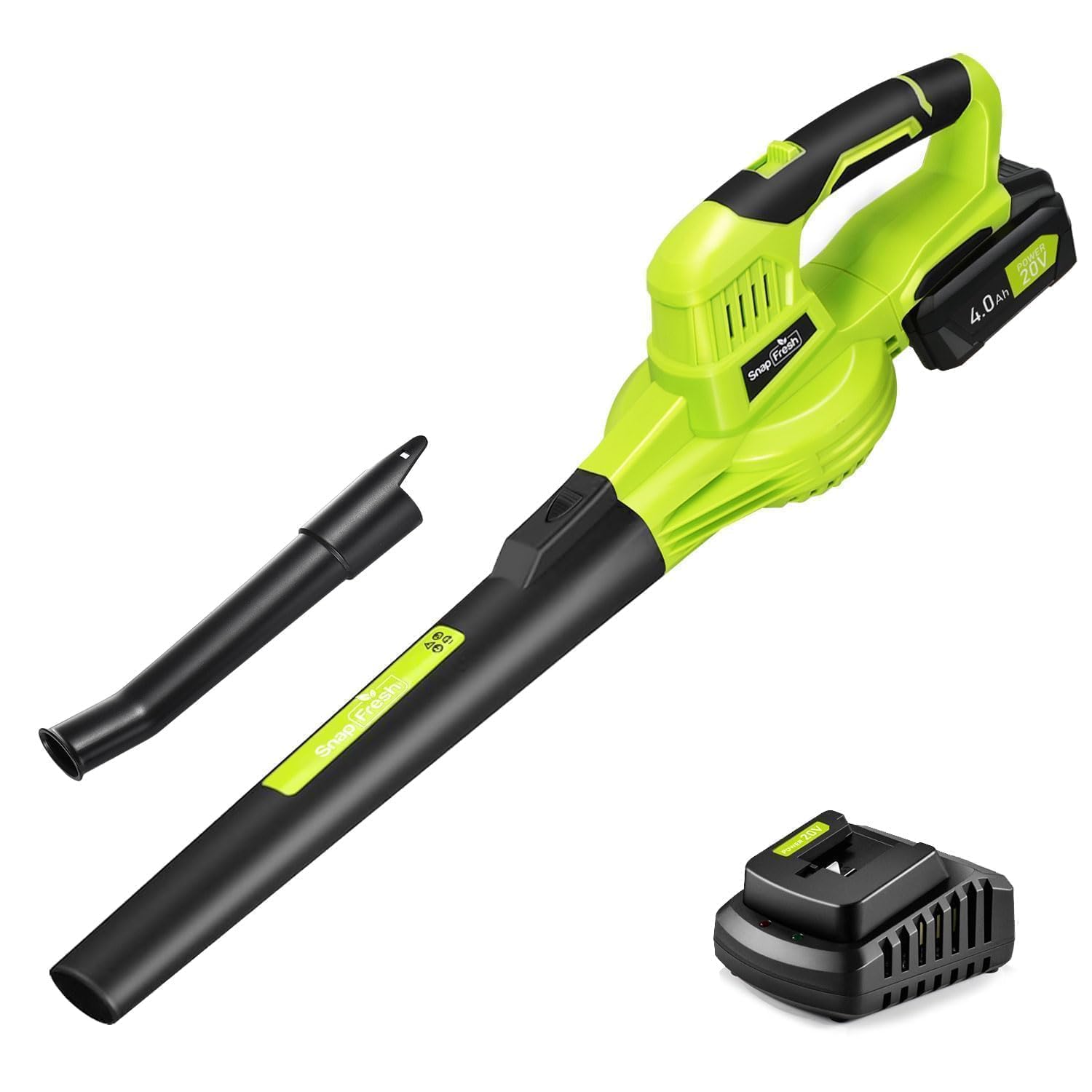 Photo 1 of SnapFresh Cordless Leaf Blower, 20V Electric Leaf Blower with 4.0Ah Battery & Fast Charger, 2-Speed Lightweight Battery Leaf Blower for Lawn Care/Patio/Yard/Sidewalk