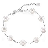 JFUME Pearl Bracelets for Women 925 Sterling Silver Rhodium Plated with 8-9mm White Cultured Freshwater Pearl Bracelet 7.5inches Adjustable