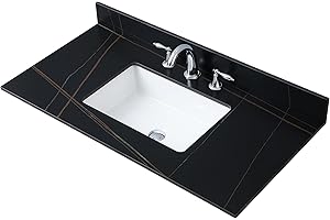 Montary 43"x 22" Bathroom Vanity Top with Undermounted Large Ceramic Sink & Backsplash, Sintered Stone Artificial Marble Vanity Sink Tops with 3 Pre-Drilled Hole, Black Gold