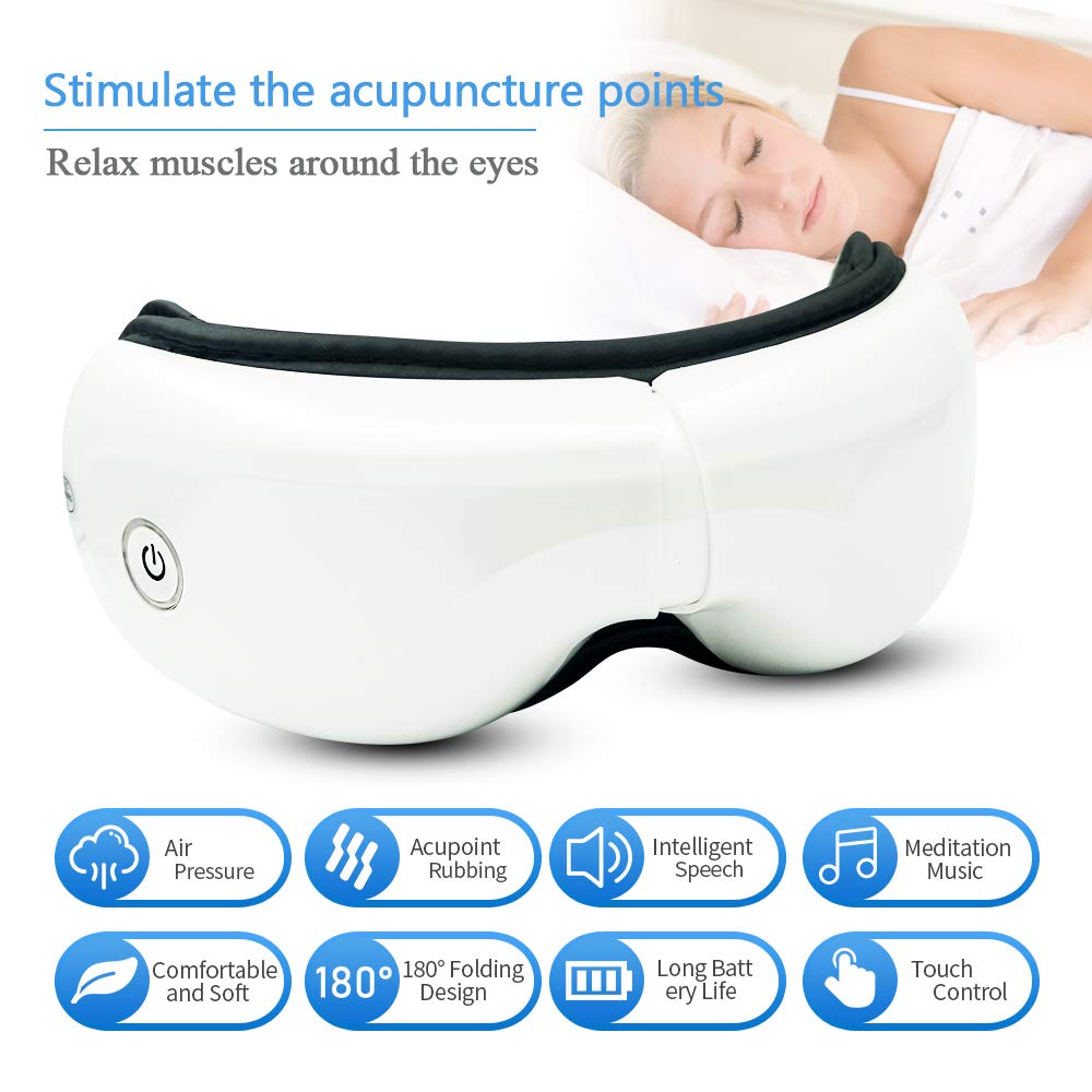 Eye Massager with Heat and Air Pressure, Vibration, Music for Eye Relief, Foldable Temple Massager for Dry Eye, Eyes Stress