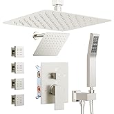 Shower Systems with 4 Body Spray Jets, STARBATH 4 Way 12+6" Rainfall Shower Head with Handheld Combo, Ceiling Mounted Shower Jets System in Wall Shower Faucet Sets Complete, Brushed Nickel