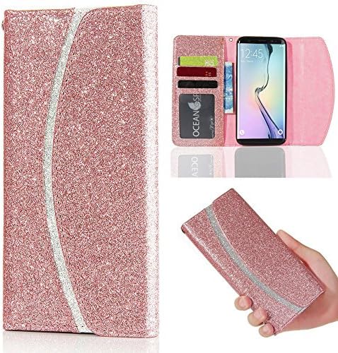 Samsung Galaxy S7 Edge Case (5.5"), LCHULLE Luxury Bling Glitter Contrast Color Texture PU Leather Flip Case, Handbag Style with Magnetic Wallet Card Soft TPU Silicone Cover-Rose Gold