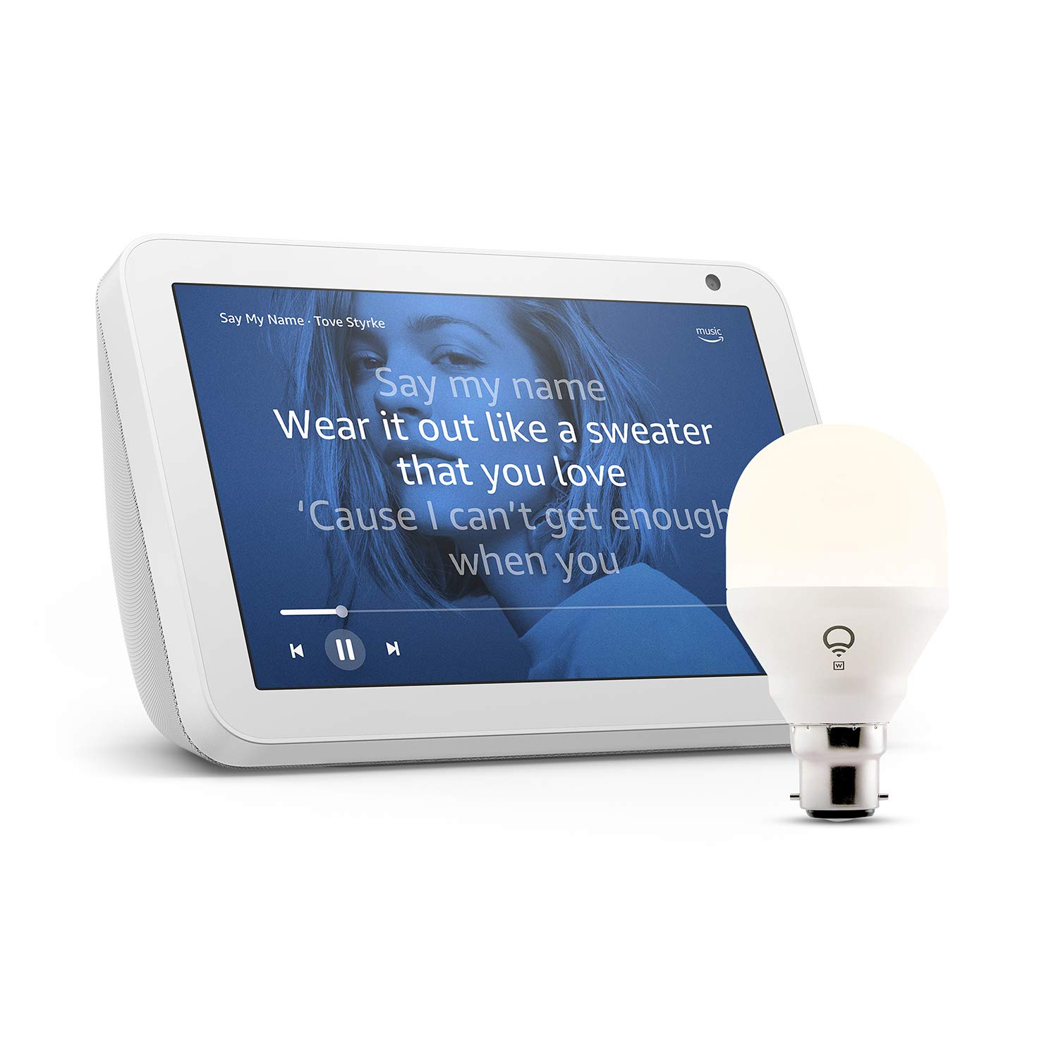 Echo Show 8, Sandstone fabric + LIFX White Wi-Fi Smart Bulb LED (B22) (no hub required), Works with Alexa