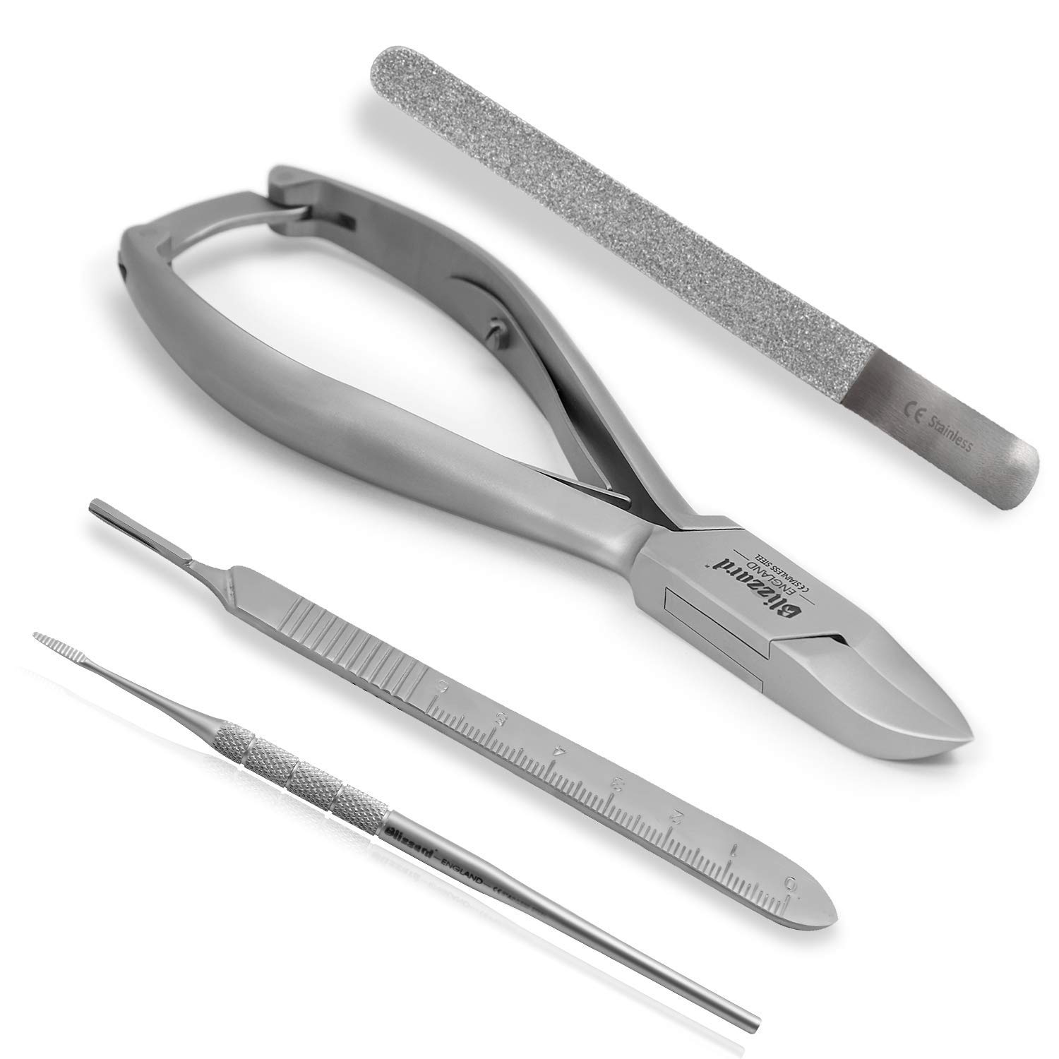 Blizzard Podiatry Tool Set – 4-Pcs Foot Care Kit for Thick & Ingrown Toenails – Nail Nipper, Blacks File, Handle No 3 & Foot Dresser Set – Professional Stainless Steel Pedicure Tools