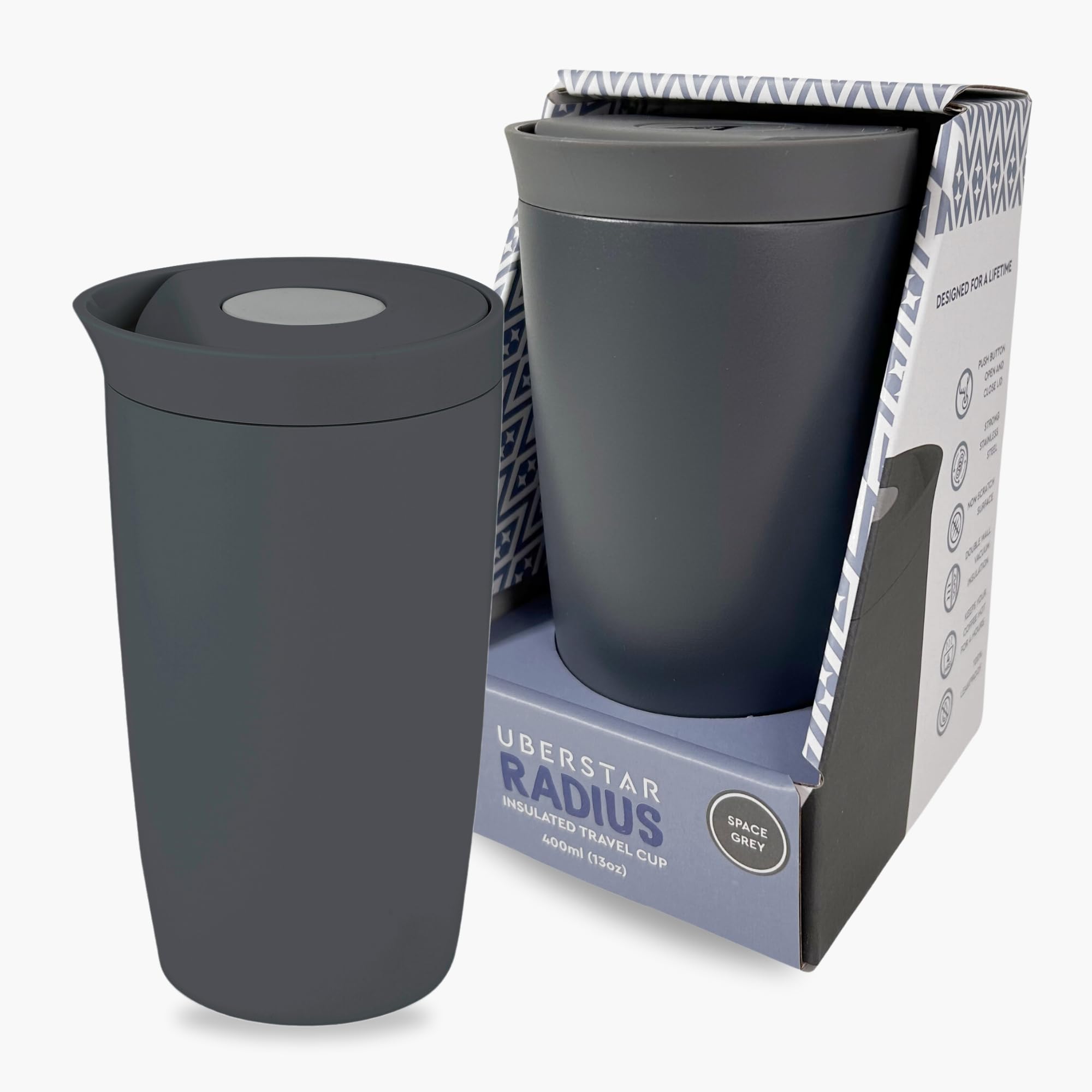 EST 2012 UBERSTAR BARWARE & GIFTS Radius Travel Cup / 400ml Insulated Travel Coffee Mug/Leakproof Pop to Unlock Sip Lid (Grey)