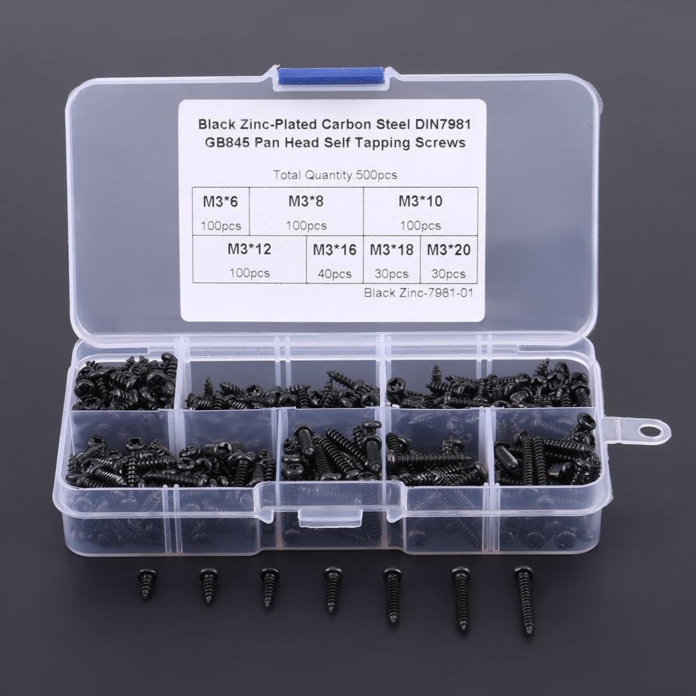 Qiilu Self Tapping Screws,500PCS M3 Drive Button Head Self-Tapping Screws Fastener Assortment Set including Plastic Box(Black carbon steel) - Image 5