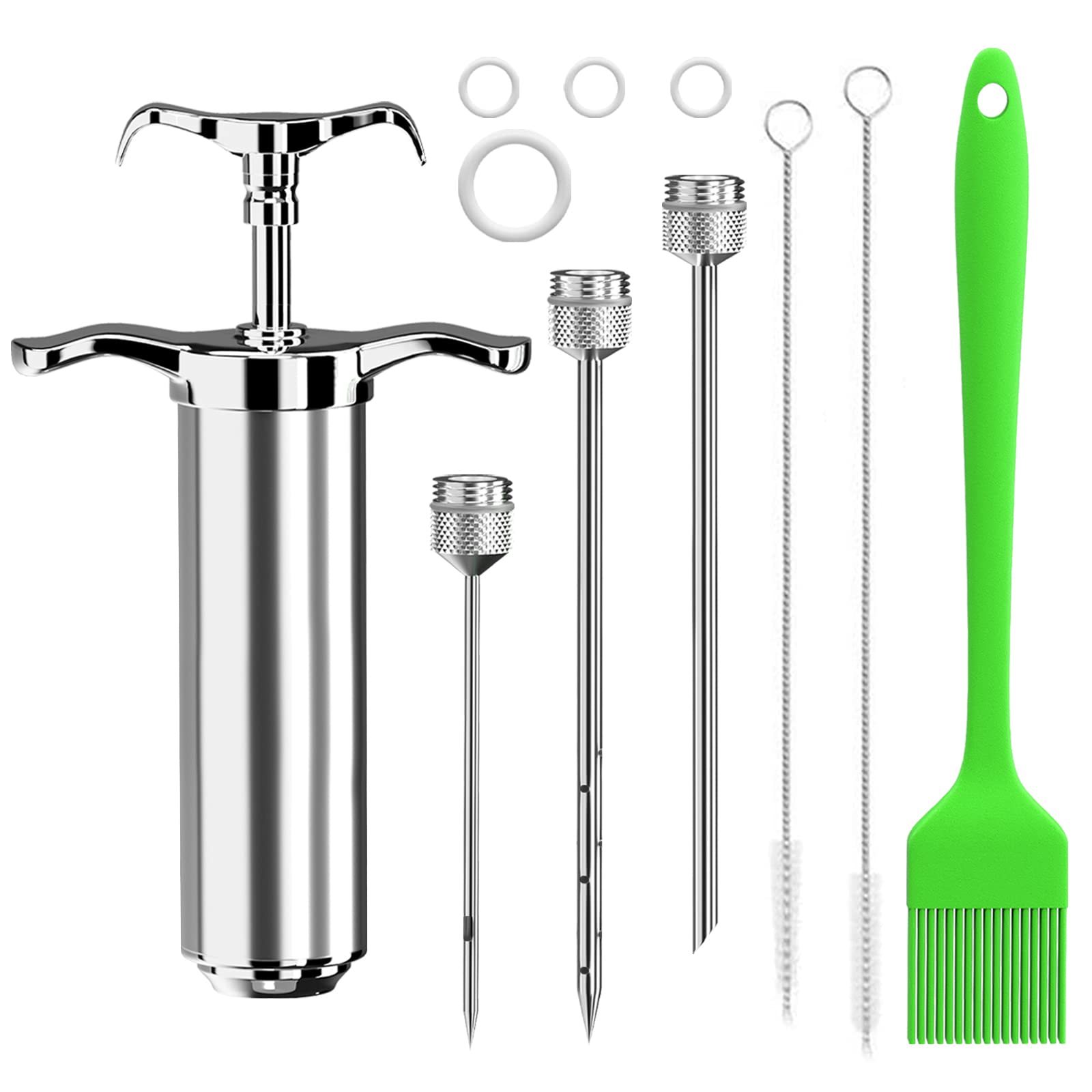 Turkey baster,Meat Injector,with 3 Marinade Injector Needles 4 Spare O-Rings and 2 Cleaner Brush,Meat Injector Syringe for BBQ Meat Beef Chicken Pastry(Silver)