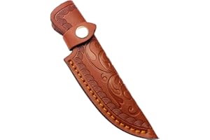 6 Inch Brown Leather Knife Sheath with Beautiful Carvings and Snap Closure, Ideal for Horizontal Knife Display in Case or Sho