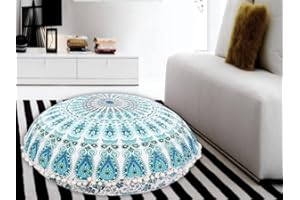 MY DREAM CARTS 32 Inch Floor Pillows "Cover Only" White Blue Mandala Cushions Seating Throw Gypsy Hippie Boho Colorful Cotton Poufs Cases Ombre Floral Psychedelic Charming Modern Printed Yoga Dorm Peacock Home Decor