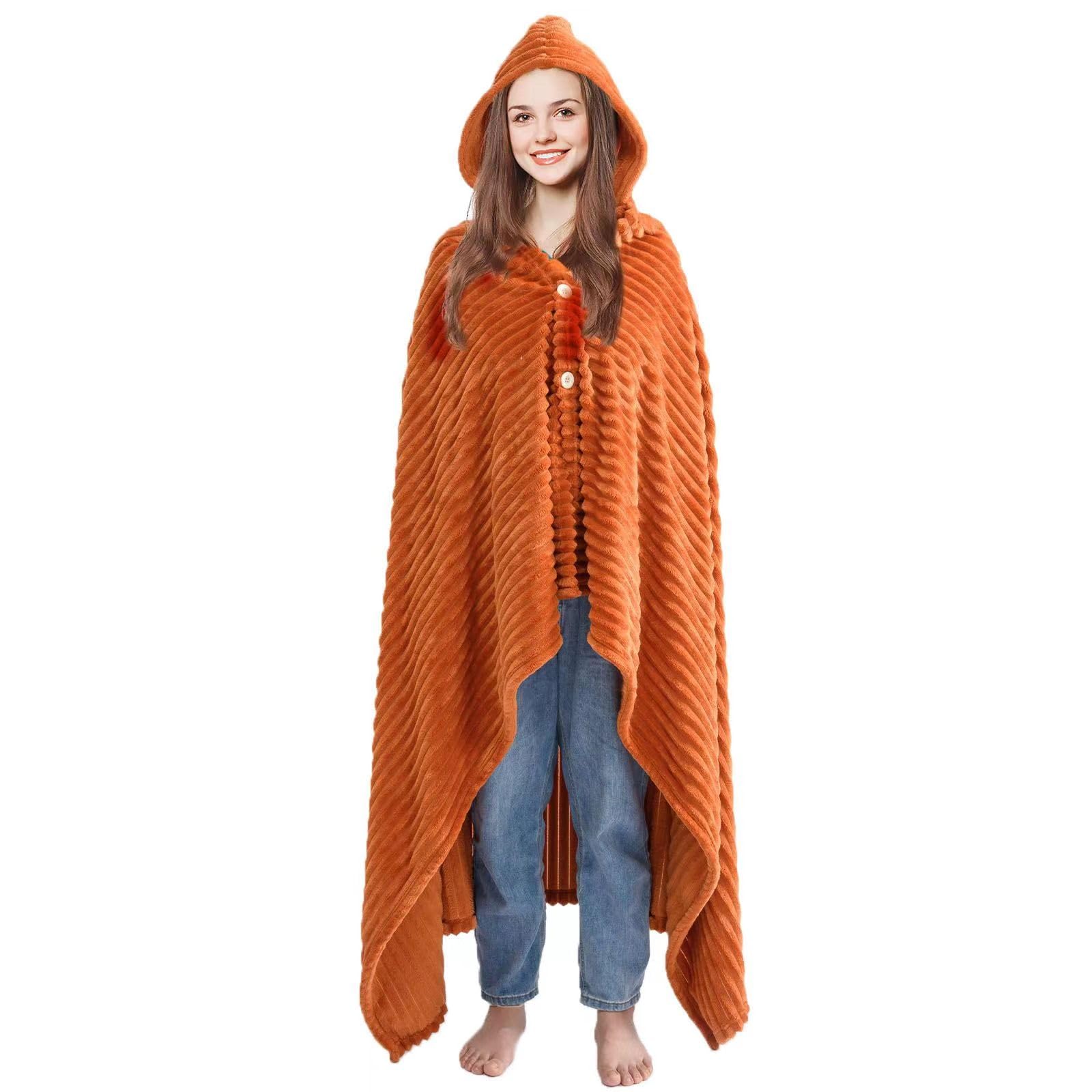 Vessia Flannel Fleece Striped Throw Blanket (50x70inch), 300GSM Microfiber Orange 2 in 1 Hooded Blanket for Adults Teenager, Soft Warm Cozy Lightweight Ribbed Wearable Throw for All-Season