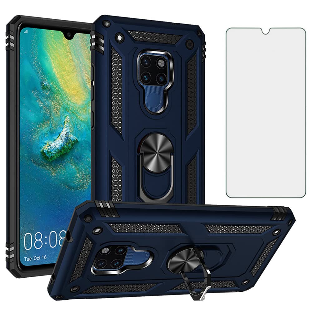 Phone Case for Huawei Mate 20 X with Tempered Glass Screen Protector Cover Stand Ring Holder Shockproof Silicone Heavy Duty Accessories Magnetic Metal Hard Hawaii Hwauei 20x Mate20x Mate20 Blue
