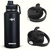 MOMAND Insulated Water Bottle with 3 Lids – 24H Cold & 12H Hot, Double-Wall Vacuum Sealed, BPA-Free Stainless Steel inside 304, outside 201 (BLACK, 32 OZ)