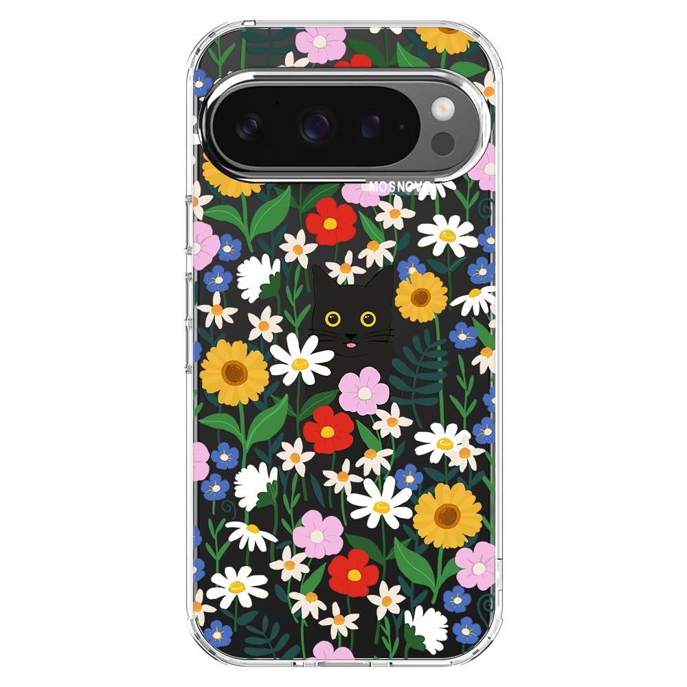 MOSNOVO Case for Google Pixel 9 Pro XL, [Buffertech 6.6ft Military-Grade Drop Protection] [Anti Peel Off Tech] Clear TPU Bumper Phone Case Cover Design - Black Cat in Garden