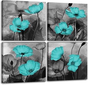 Teal Flower Canvas Wall Art Teal Grey Painting 4 Pieces Abstract Floral Wall Decor Flowers Poster Pictures Prints Teal Wall Decor for Bathroom Bedroom Office Home Framed Ready to Hang-12"x12"x4