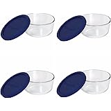 Pyrex Storage Plus 7-cup Round Glass Food Storage Dish Blue Plastic Covers (Pack of 4 Containers)