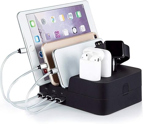 Amazon Com 6 Port Usb Charging Station Charging Station For Multiple Devices Compatible For Airpods Apple Iwatch Iphone Ipad Tablets And Smart Cell Phones