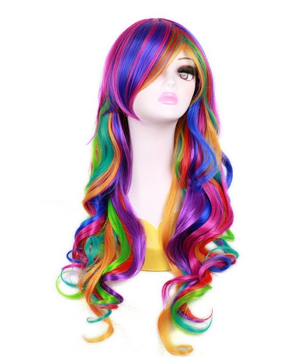 27" Women's Long Costume Curly Wavy Rainbow Hair Cosplay Party Wig Lolita Spiral Colorful Fiber Synthetic Halloween Wigs