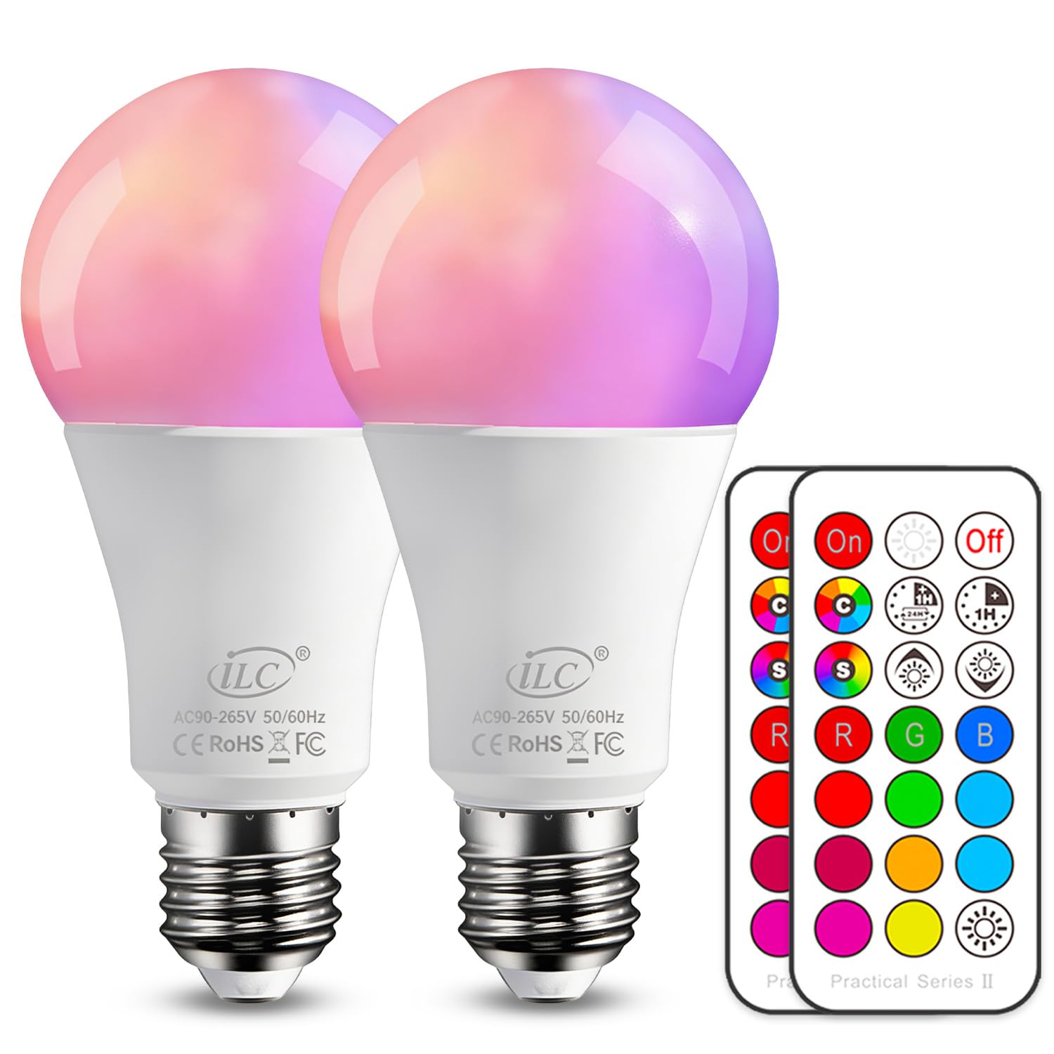 iLC Colour Changing Light Bulb Dimmable 10W E27 Edison Screw RGBW LED Light Bulbs Colour Changing Lights, Mood Light RGB Cool White 6000K Coloured - 12 Color Choices - Remote Controller (Pack of 2)