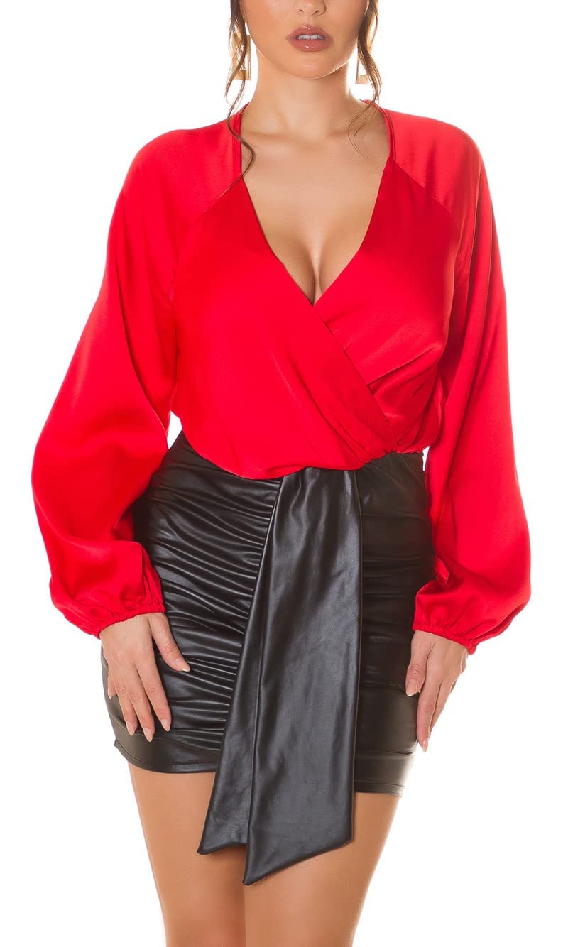 Leather Look Mini Dress Mix of Faux Leather Skirt and Blouse One Size (One Size), red