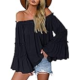 Womens Off The Shoulder Long Bell Sleeve Tops Flared Casual Loose Blouse