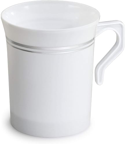 Amazon.com: OCCASIONS 120 Mugs Pack, Heavyweight Disposable Wedding Party  Plastic 8 oz Coffee/Tea/Cappuccino/Espresso Cup with Handles (8 oz Mugs,  White & Silver Rim) : Health & Household