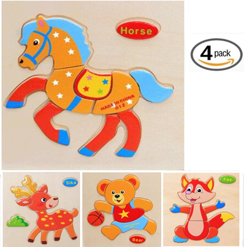 Vytung 3d Jigsaw Puzzles for Girls Boys Toddlers Babies Kids Wood Jigsaw Puzzle Toys for 2-5 years(Pack of 4)-Wild Animal-Deer Bear Horse Fox