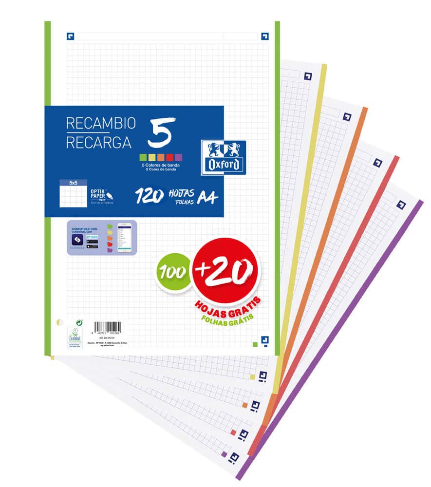 A4 Oxford Refill Sheets, 100 + 20 Sheets, 5 x 5 Squares, 5 x Vivid Colours (400148310)