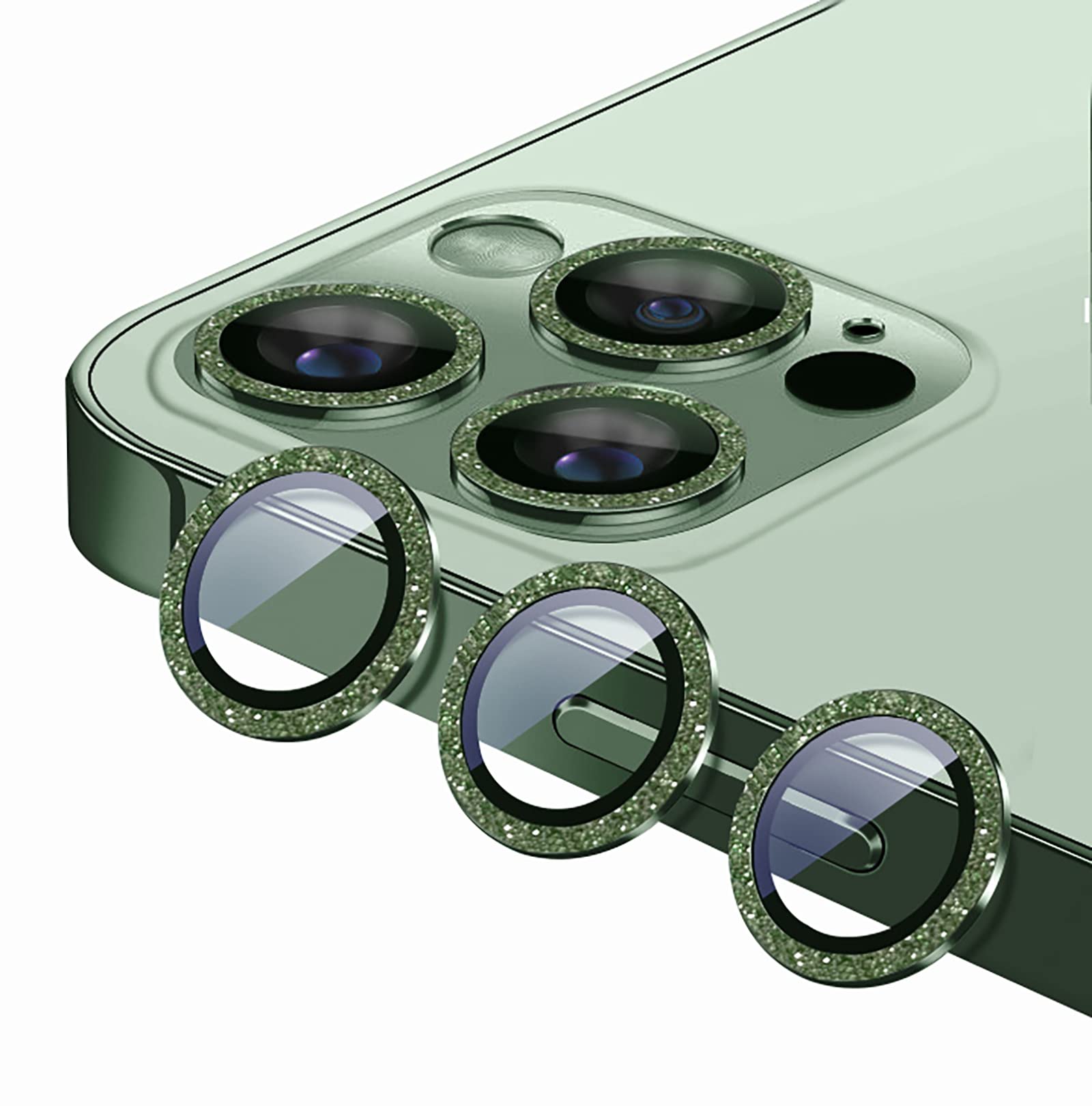 GIOPUEY Camera Protector for iPhone 13 Pro Max, iPhone 13 Pro Camera Lens Protector, Shining diamond powder, bling Camera Protection Ring, 9H HD tempered glass - Green