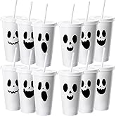 LemonRoad 12 Set Halloween Ghost Plastic Cups with Flat Lids and Straws 24 oz Reusable Ghost Face Plastic Tumblers White Halloween Bar Water Drink Cups Bulk Gift