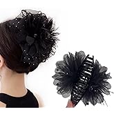 AsggBah Hair Clip with Flower, Bird Feather and Bowknot, 1pc Black for Women Girls, Large Bow Hair Claw Clips for Thick Hair Barrettes, Birthday Christmas Gifts