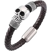 CARICY Mens Skull Leather Bracelet Stainless Steel Braided Skull Skeleton Bracelet for Men Punk Rock Jewelry