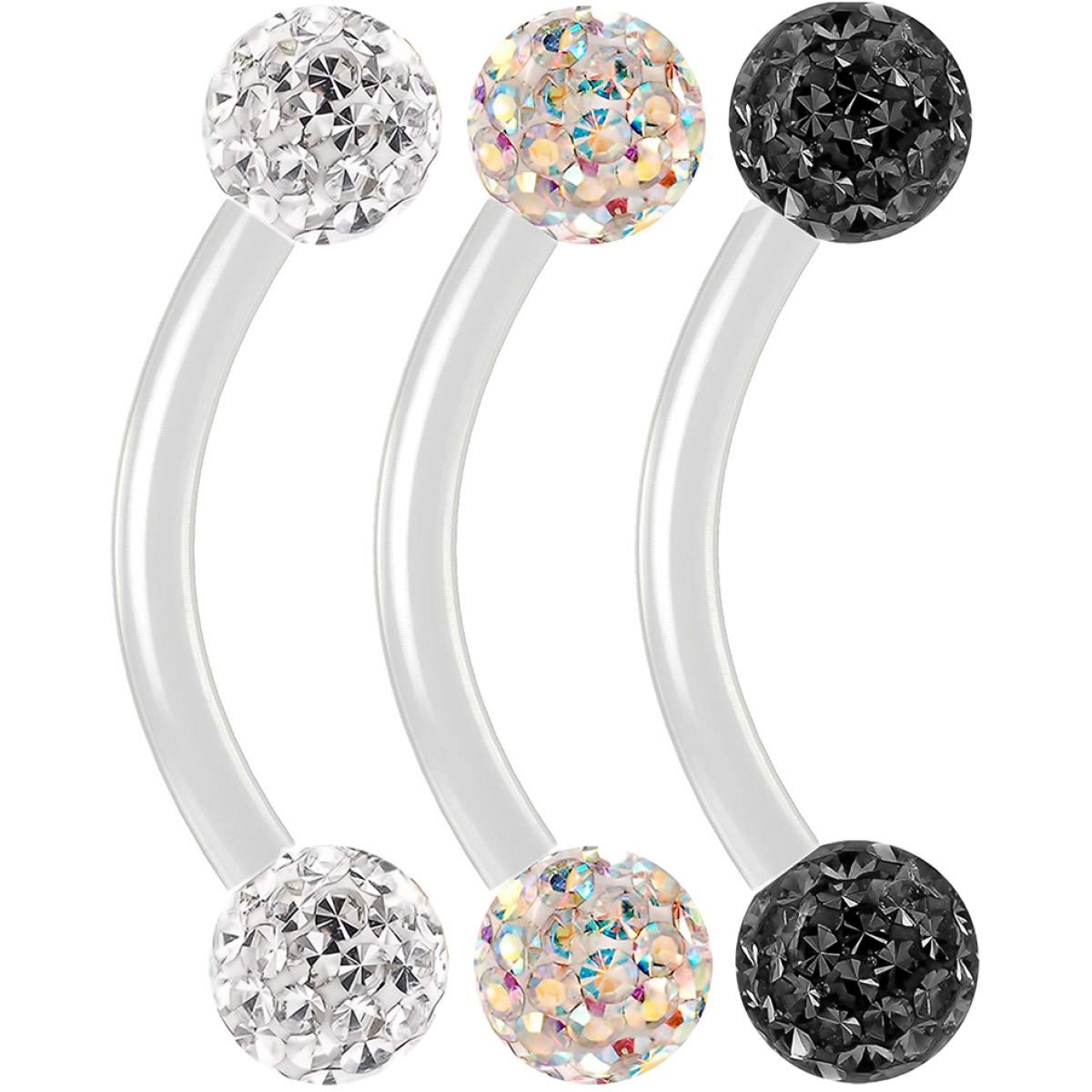 3pc 16g 1.2mm Flexible Acrylic Curved J-Curve Barbell Cartilage Bar Tragus Eyebrow Earrings Auricle Crystal CZ Gem 8mm